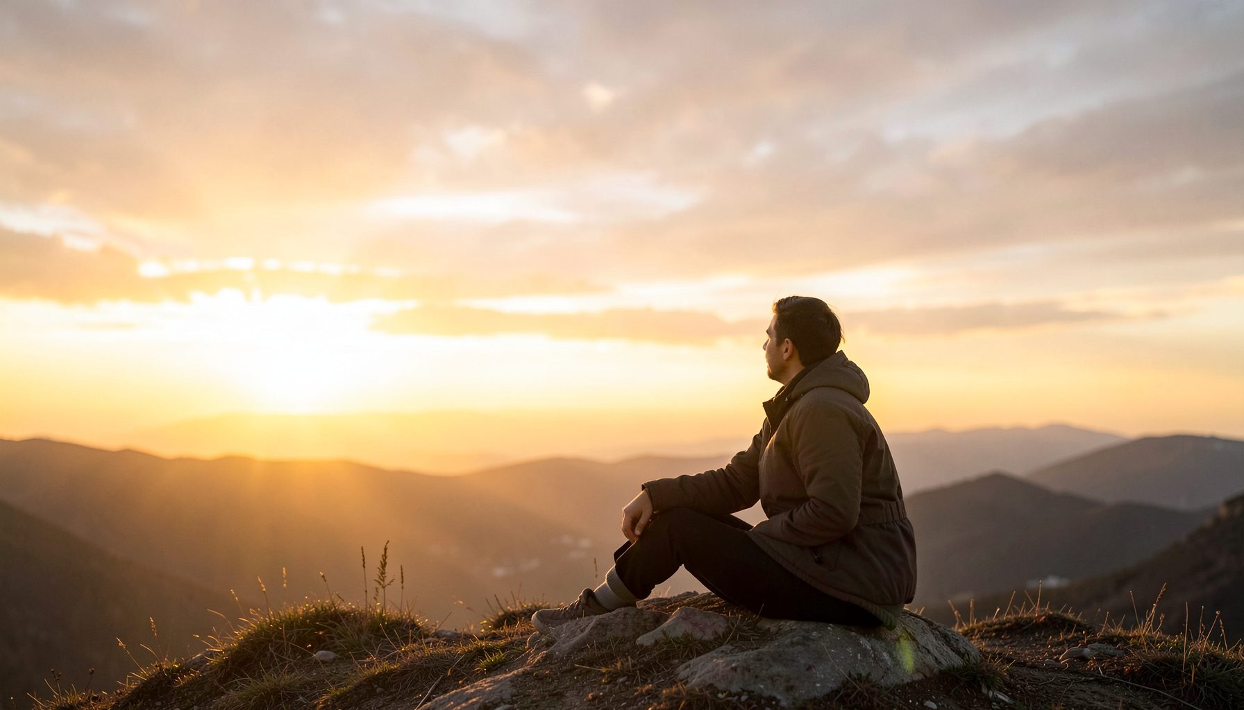 A calm, motivational scene of a person sitting on a hilltop at sunrise, warm golden light spreading across the sky, peaceful and reflective