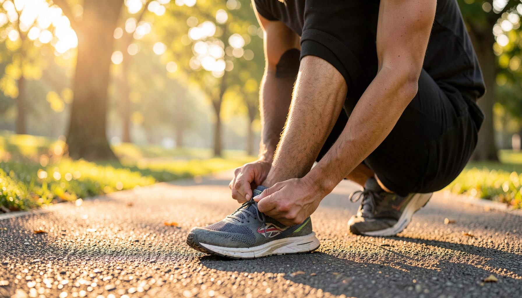 A calm, motivational scene of a person tying running shoes on a sunlit park path in early morning, warm golden light filtering through trees