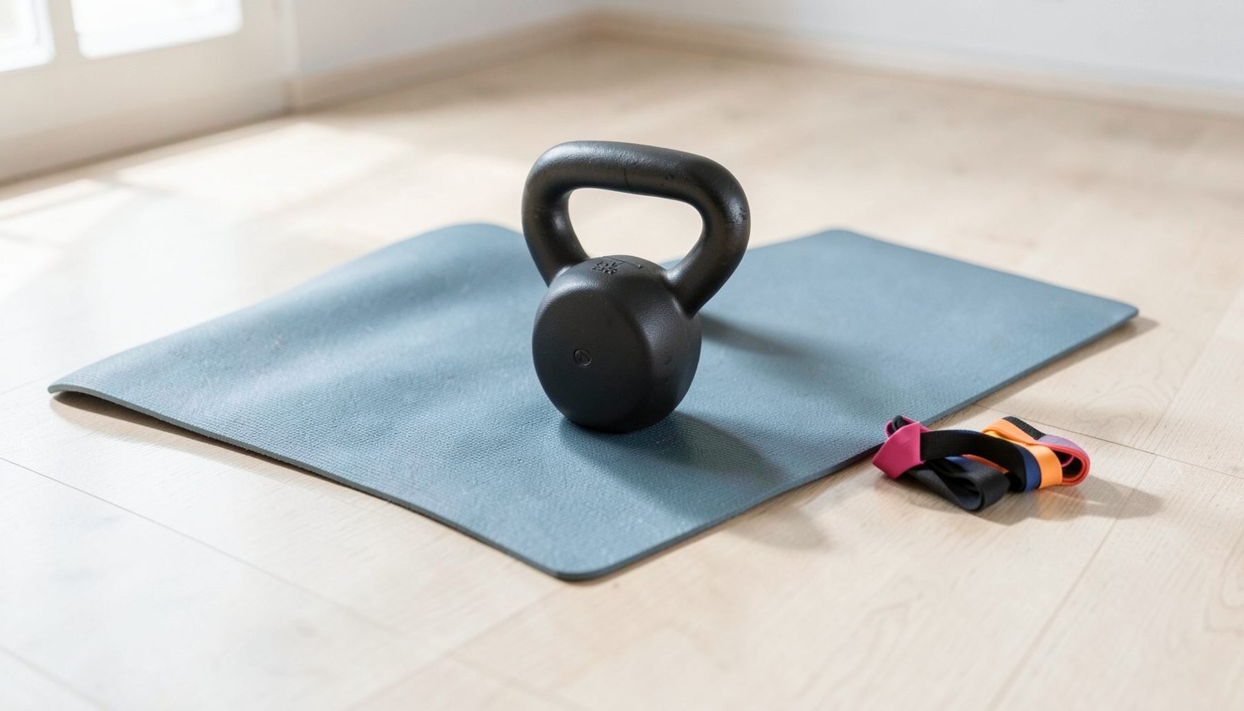 A clean, minimalist home gym setup with a yoga mat, kettlebell, and resistance bands on a light wood floor, bathed in soft natural light