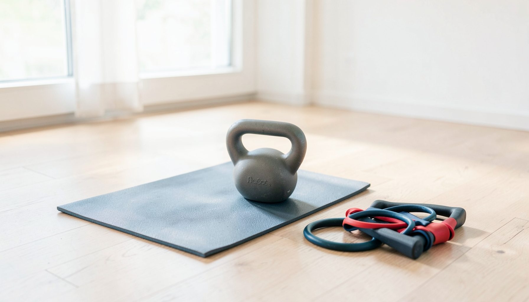 A clean, minimalist home gym setup with a yoga mat, kettlebell, and resistance bands on a light wood floor, bathed in soft natural light