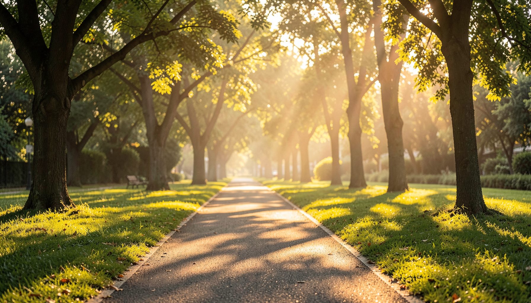 A sunlit park path in early morning with warm golden light filtering through trees, calm and motivational atmosphere