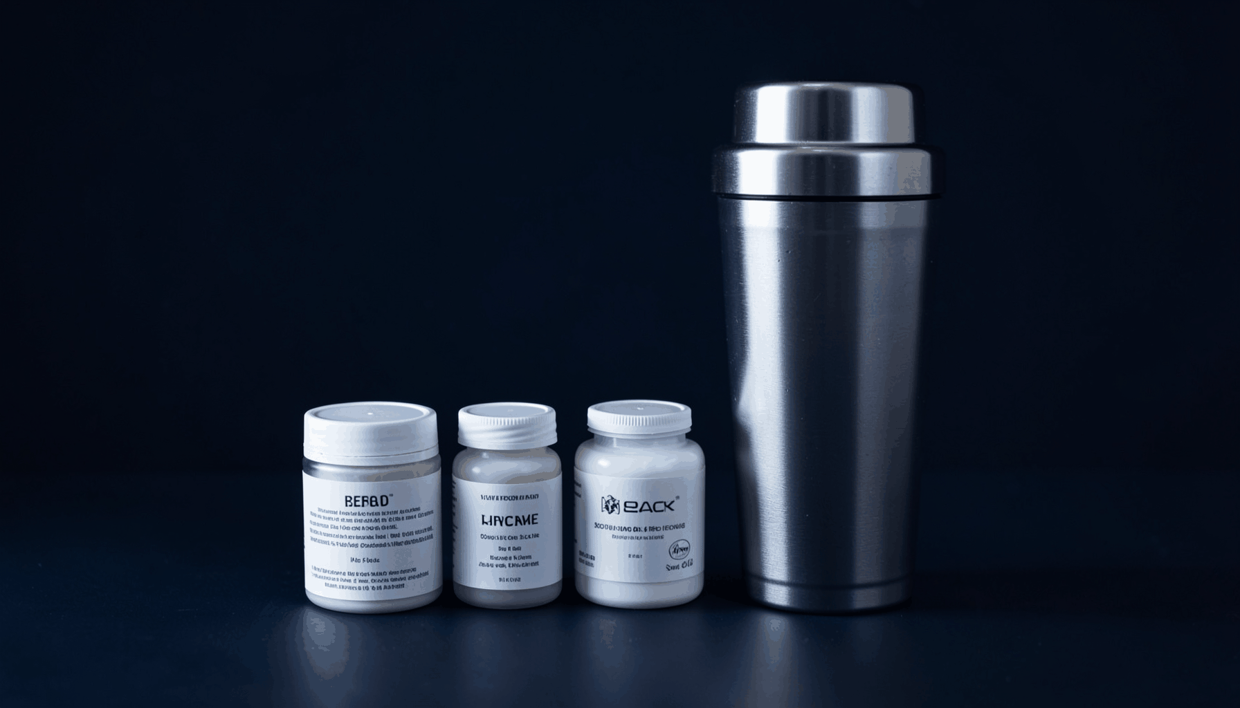A clean arrangement of supplement containers and a shaker bottle on a dark surface, with soft side lighting creating a focused, clinical mood in deep navy and silver tones